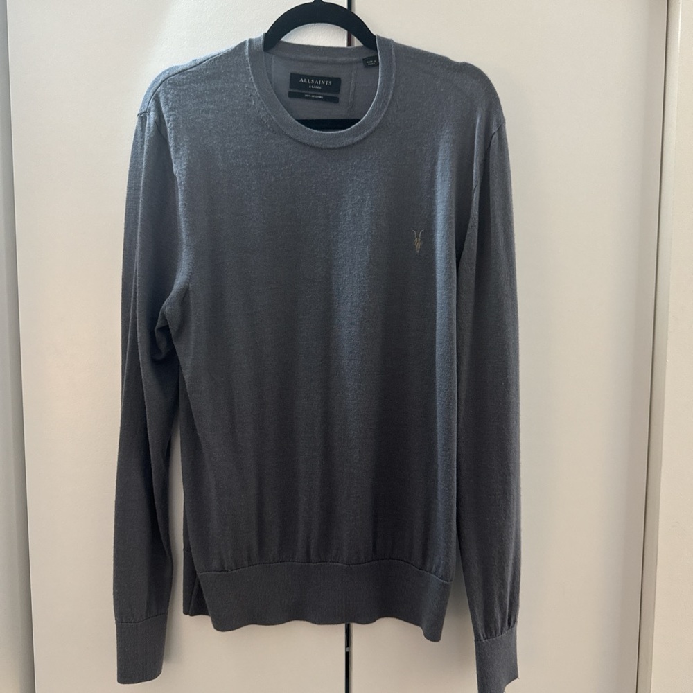 All Saints Gray Crewneck Sweater with Ribbed Detailing